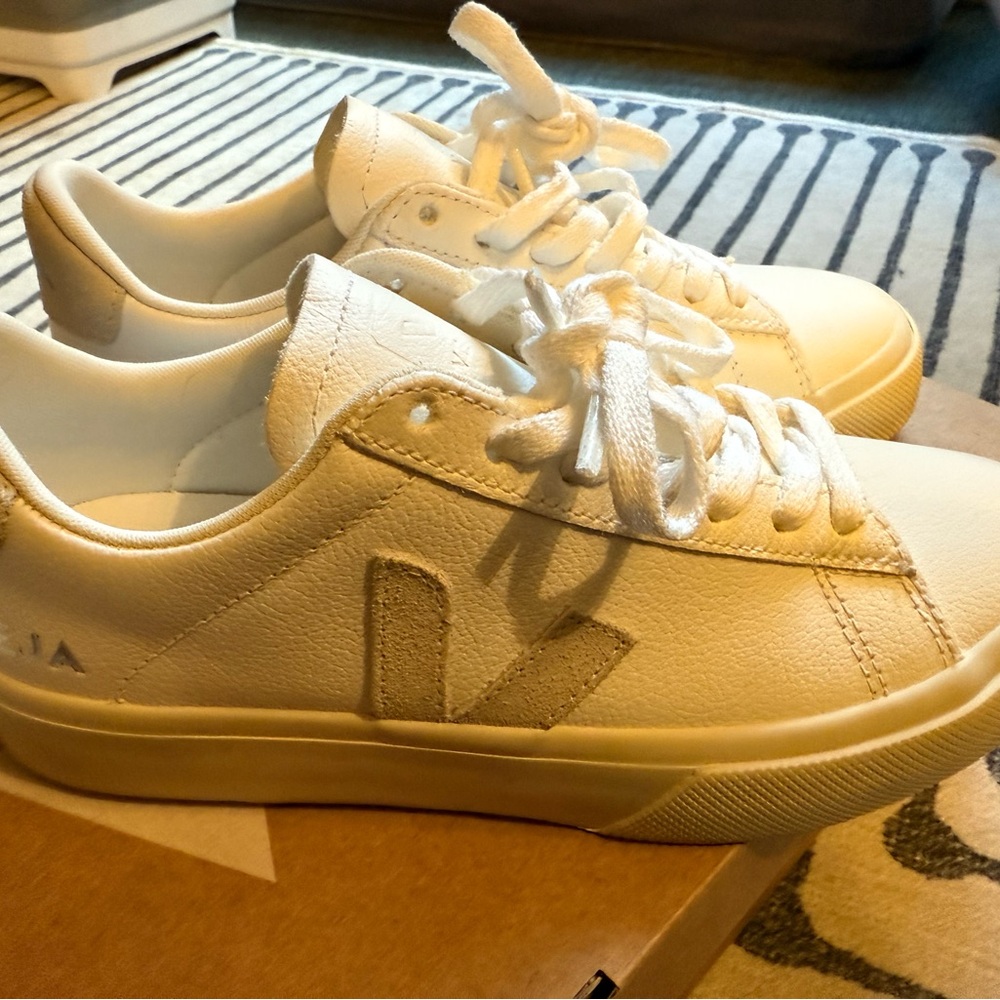 Veja White and Cream Leather Sneakers